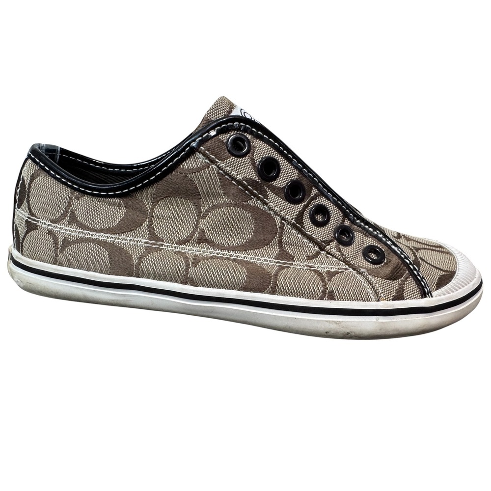 Coach Kira Laceless Signature C Brown Jacquard Low Top Slip On Sneakers  5.5